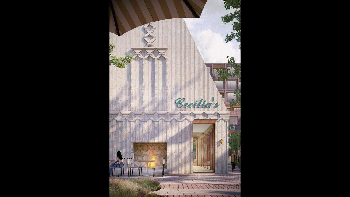A rendering of the Westside Village development shows a shop or restaurant, "Cecilia's," with white brick.