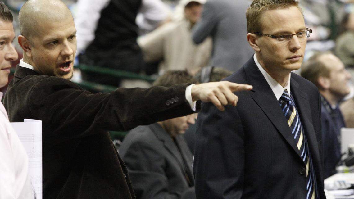 Dallas Mavericks TV voice Mark Followill (right), here pictured with 105.3 The Fan radio show Jeff "Skin" Wade (left), will call World Cup games for Fox. (Fort Worth Star-Telegram/Ron T. Ennis)
