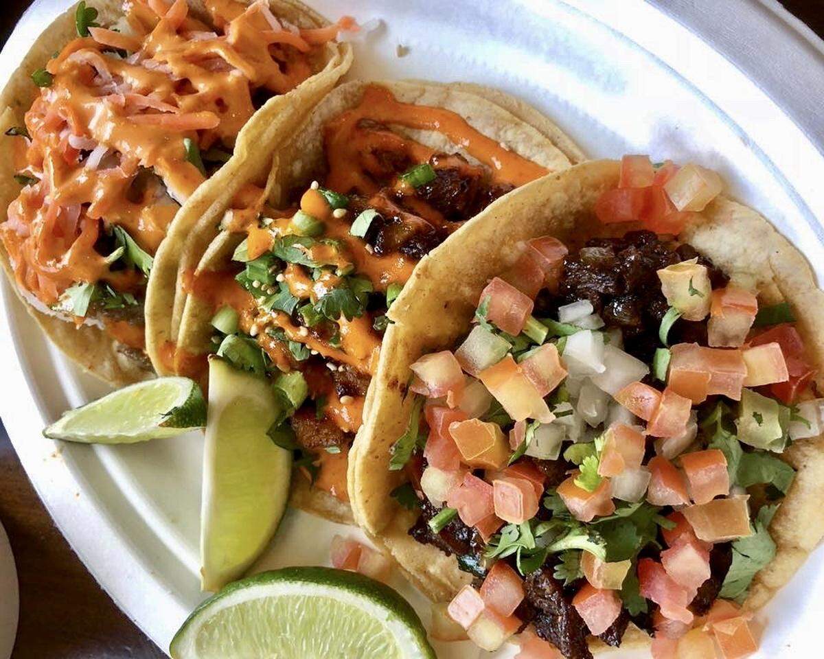 OMG steak, chicken and pork tacos