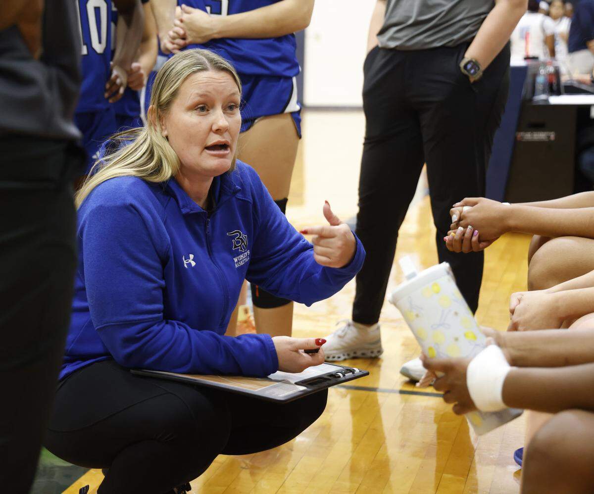 Byron Nelson head coach Tracie Robbins talks to the team during a time out against L.D. Bell in the first half of a girls UIL basketball game between Byron Nelson and L.D. Bell at L.D. Bell High School in Hurst, Texas, Friday Feb. 06, 2026