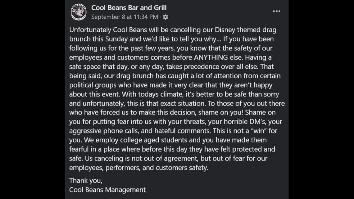 A drag brunch at Denton bar Cool Beans, originally scheduled for Sunday, has been canceled after threats from people opposed to the event created safety concerns.