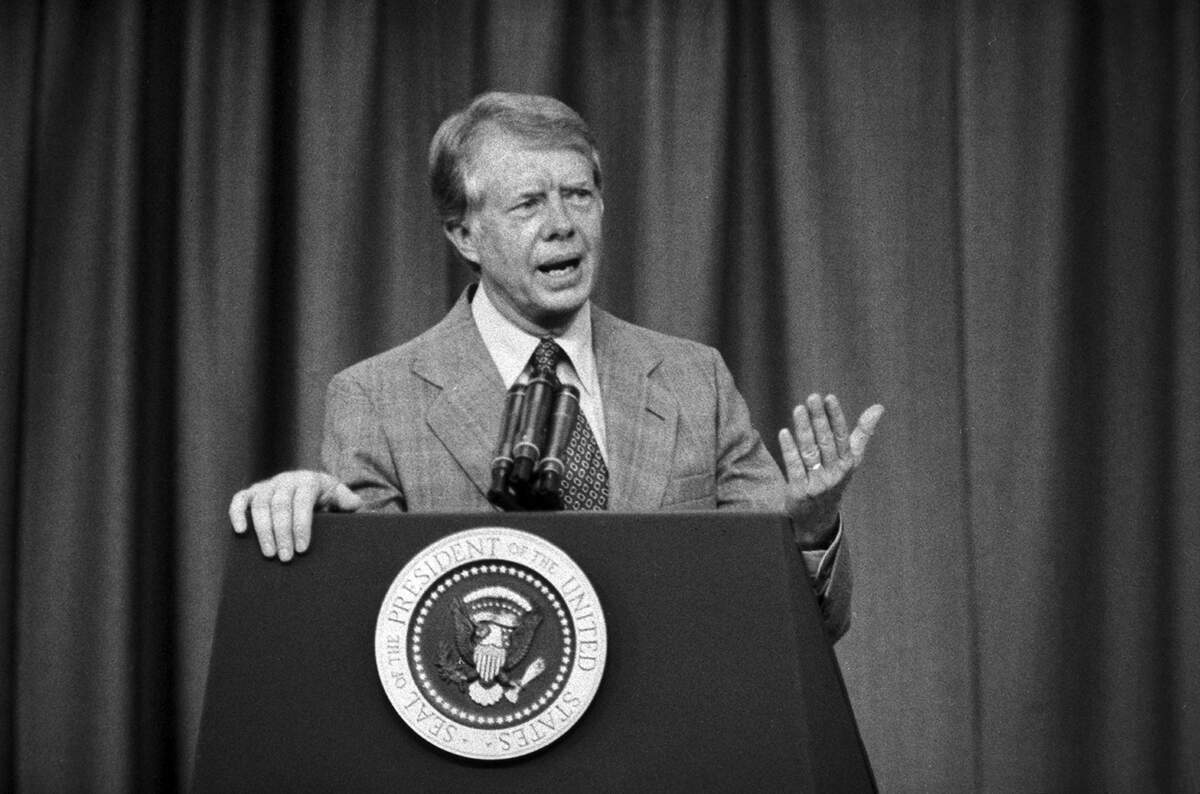 President Jimmy Carter speaks at a luncheon in the Tarrant County Convention Center in downtown Fort Worth on June 23, 1978.