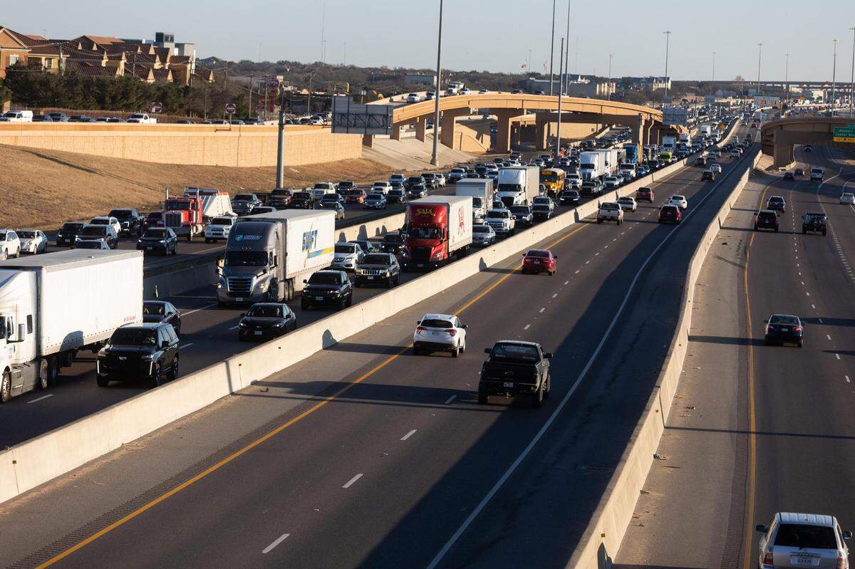Congestion reaches its peak at about 5:30 p.m. on this stretch of Interstate 35W near the Basswood Boulevard exit. The segment was the third most congested roadway in Tarrant County in 2020.