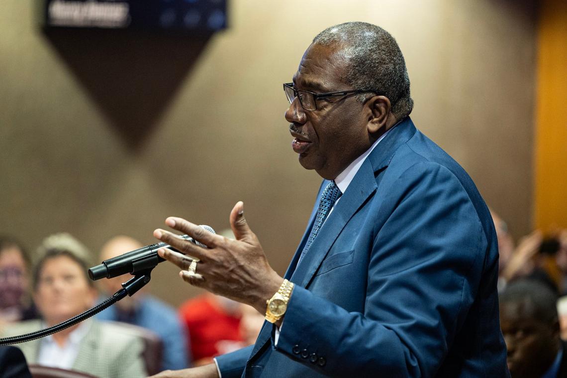 Texas state Senator Royce West speaks during the public comment portion of a special meeting at the Tarrant County Commissioners Court in the Tarrant County Administration Building in Fort Worth on Thursday, Sept. 12, 2024.