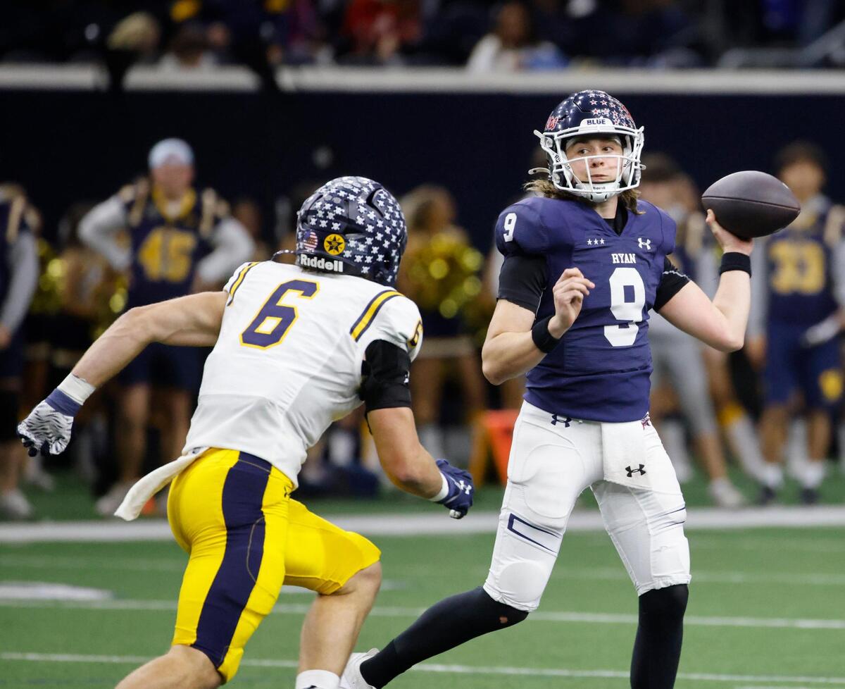 Denton Ryan quarterback Quin Henigan (9) tosses a completion during the UIL 5A D1 Semifinals football game at The Ford Center in Frisco, Texas, Friday, Dec. 13, 2024.