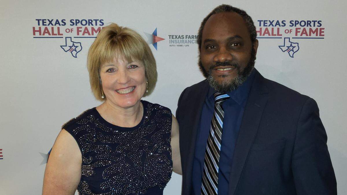 Former Fort Worth Star-Telegram NFL reporter Charean Williams, left, was introduced by the Star-Telegram’s Dallas Cowboys beat writer Clarence E. Hill during an induction ceremony into the Texas Sports Hall of Fame Saturday night in Waco.