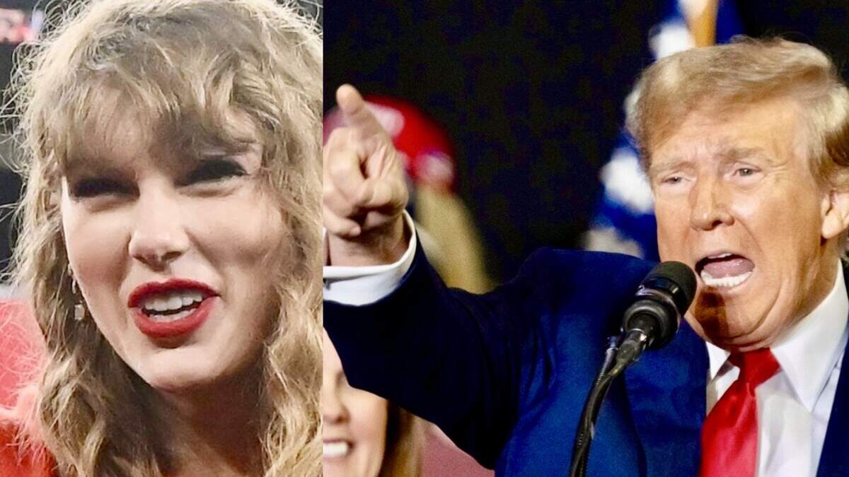 Taylor Swift, left, after the Kansas City Chiefs won the AFC Championship Jan. 28, 2024, and former President Donald Trump at a Mancester, New Hampshire, campaign rally Jan. 20, 2024.