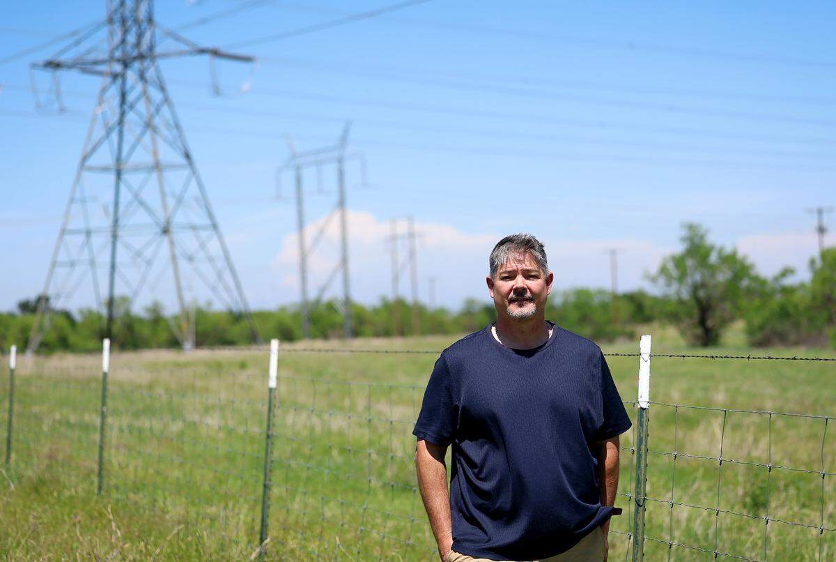 Graham resident and rancher Ryan Mote stands where his land meets that of a proposed data center called Project Saltworks, projected to be the size of 657 football fields, on Friday, April 24, 2026. 