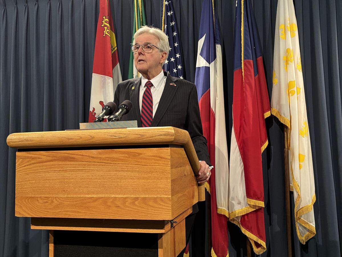 Lt. Gov. Dan Patrick discusses property tax relief during a December news conference at the Texas Capitol.