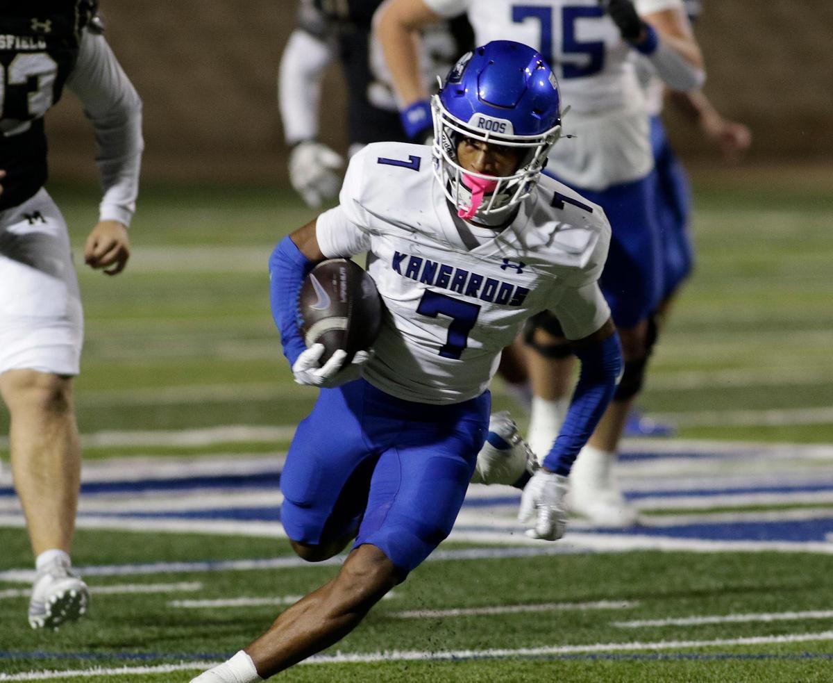 Weatherford’s Jaime Gray heads down field after a catch during a UIL football game at Vernon Newsome Stadium on Friday November 8, 2024.