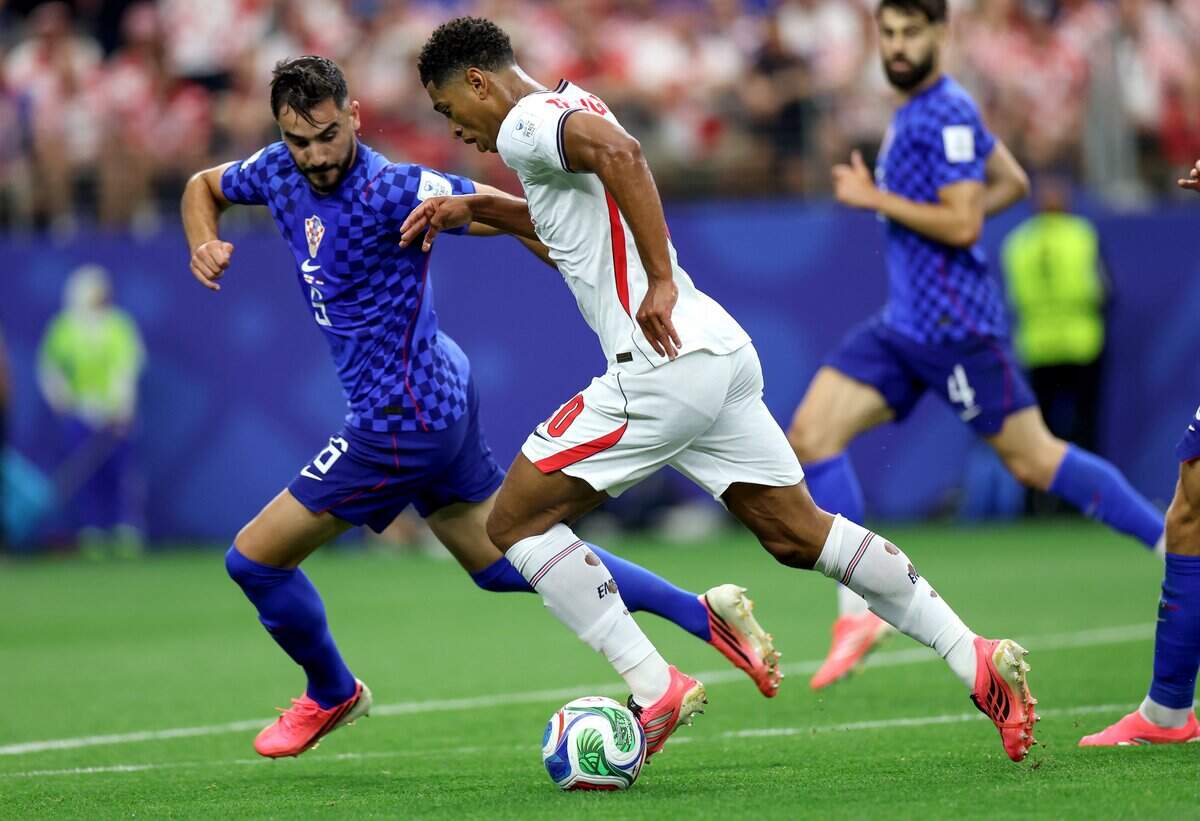 England forward Jude Bellingham dribbles the ball while defended by Croatia's Marc Guehi during the World Cup matchup on Wednesday, June 17, 2026, at Dallas Stadium in Arlington.