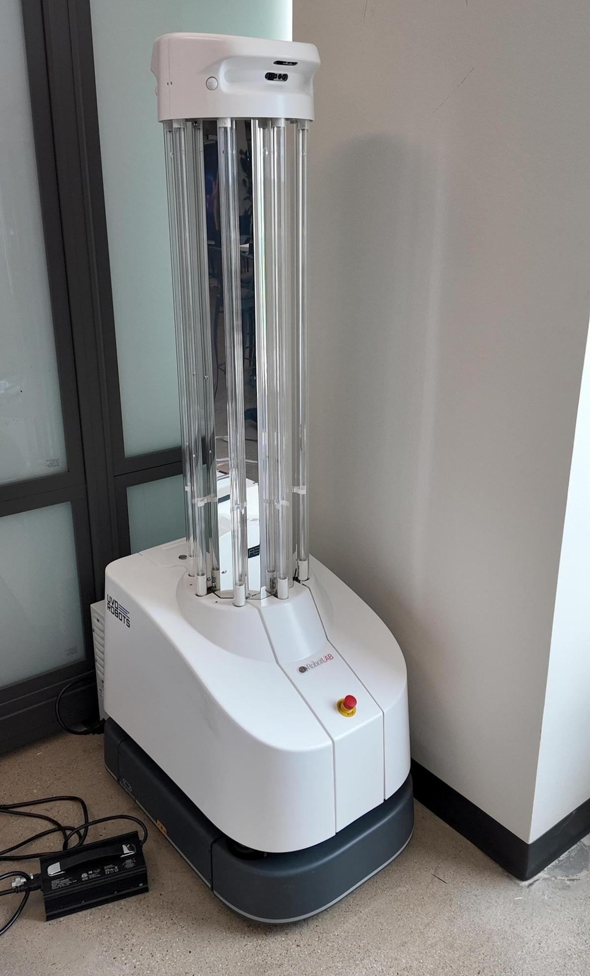 This is a hospital cleaning robot made to clean operating rooms after surgeries.
