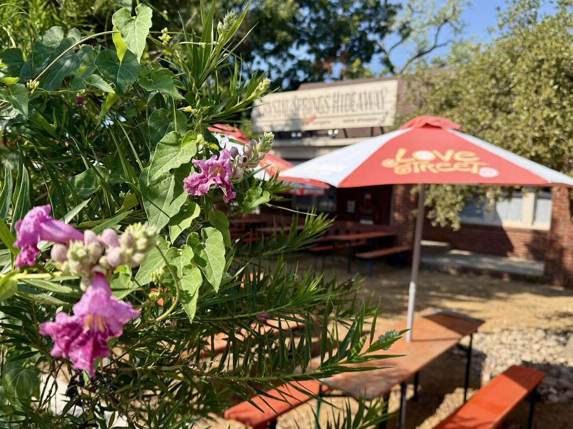 Crystal Springs Hideaway is a burger-and-beer garden, wine bistro, bar and coffee cafe in a 1924 home near the West Fork of the Trinity River.