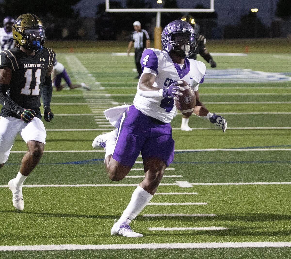 Crowley’s Derrick Tasby scores against Mansfield during a UIL football game at Newsome Stadium on Saturday , October 10, 2024.