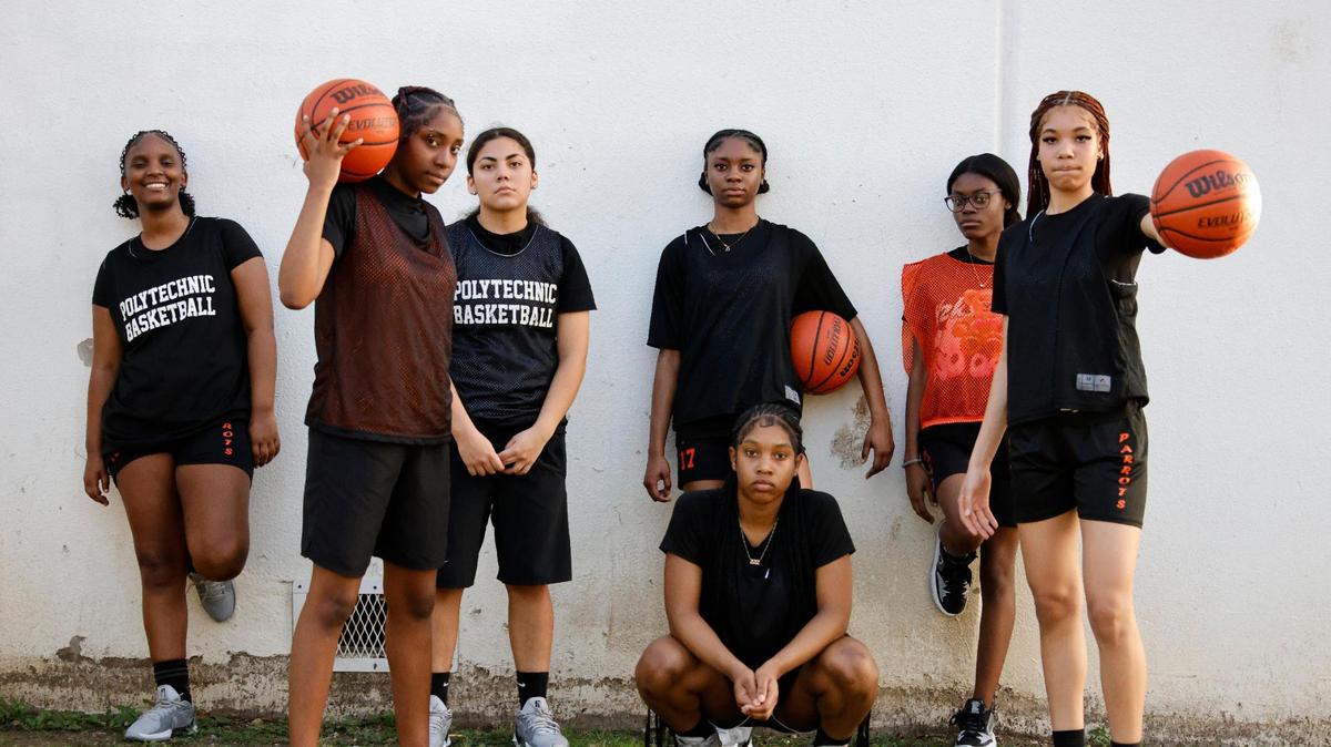 Cecilia Aguilar, Taty Fannin, Lauren Watson, Kassidy Young, Lakendra Williams, Merveille Ikibasimba and Serenity Tolbert photographed after practice at Polytechnic High School outside gym in Fort Worth, Texas, Thursday, Feb. 06, 2025.