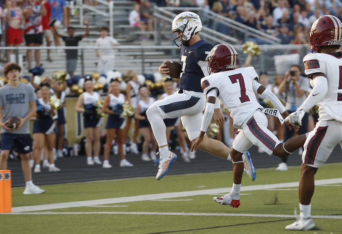 Keller’s Brock Burkett (7) scores against Keller Central during their game at Keller ISD Athletic Complex on Friday, Sep. 26, 2025.