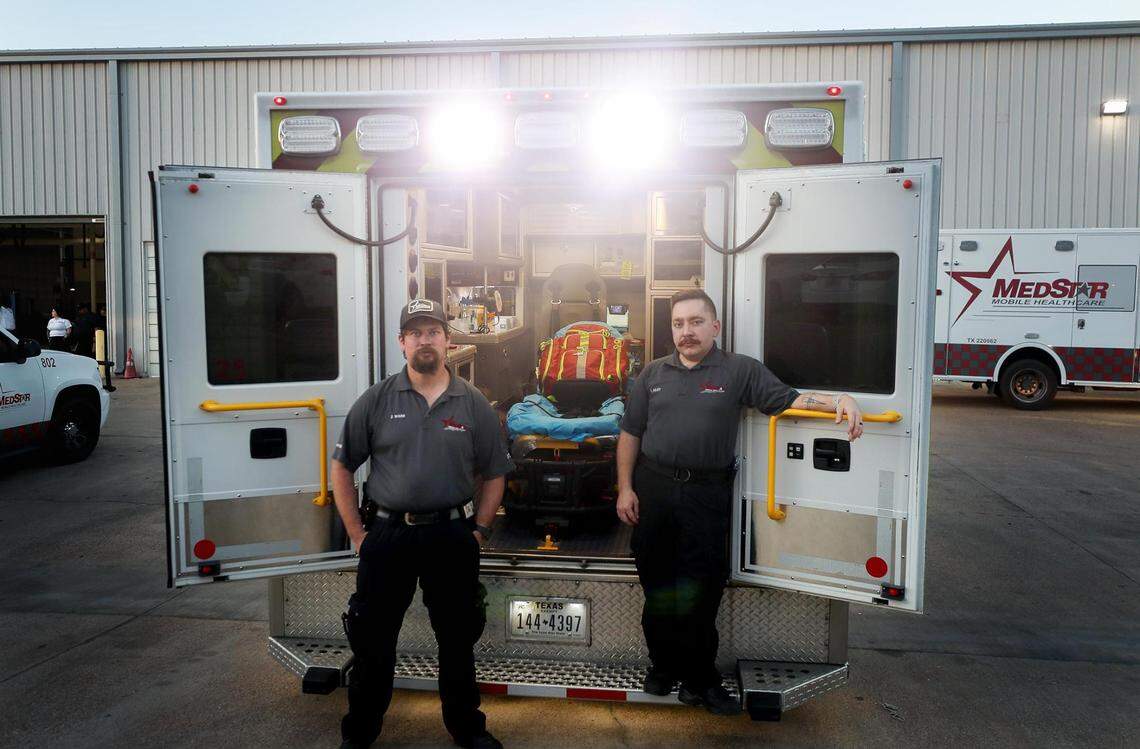 James Ward, lead paramedic with MedStar, left, and Cody Riley, an emergency medical technician with MedStar, were responding to a call when the deadly pileup involving more than 130 vehicles in the express lanes of Interstate 35W unfolded in front them. They were the first emergency personnel on the scene.
