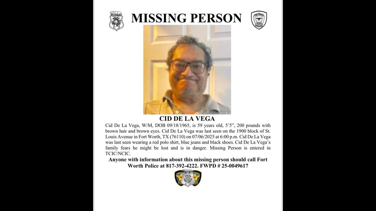 Cid De La Vega has been found safe and reunited with his family, Fort Worth police said Tuesday. The 59-year-old man went missing Sunday evening.
