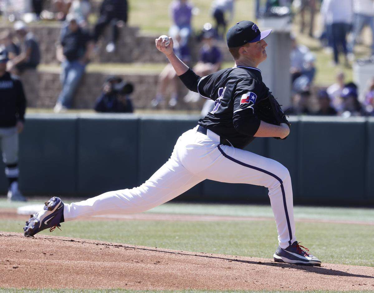 TCU pitcher Uli Fernsler (41) works the first iduring an NCAA baseball game against New Mexico State at Lupton Field at TCU in Fort Worth, Texas, Tuesday, March, 17, 2026.