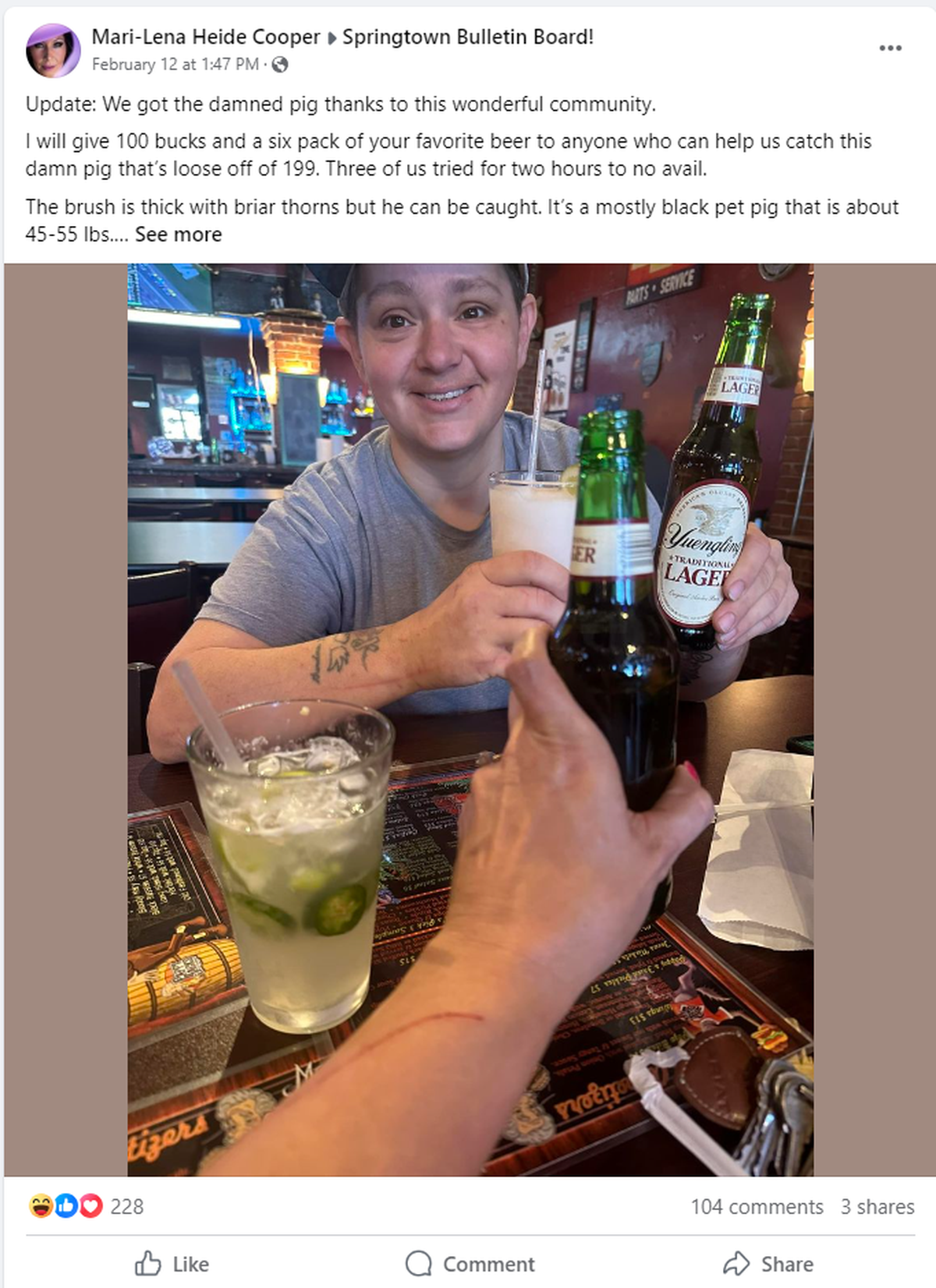 Heide Cooper and Jennifer Beal shared a beer and a burger when they decided to offer a bounty of a six-pack of beer and a $100 in cash for anyone who would help rescue a pig from thorny brush.