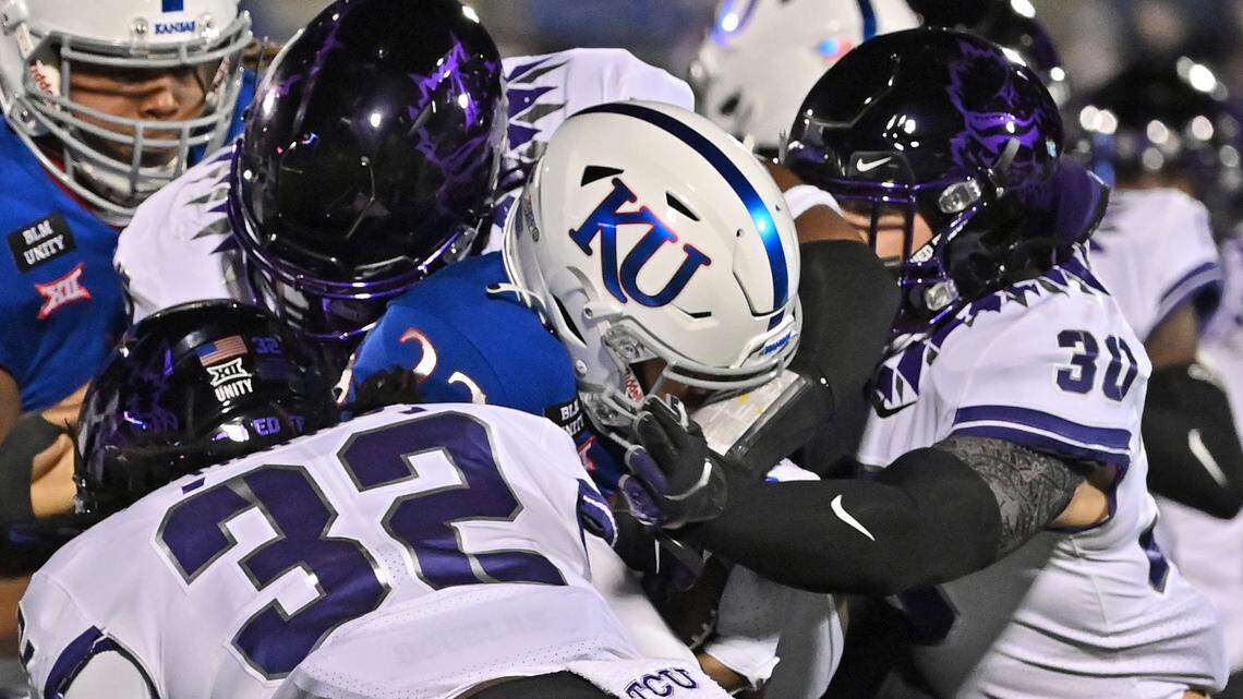 TCU defensive end Ochaun Mathis (32) was named to the All-Big 12 preseason team.