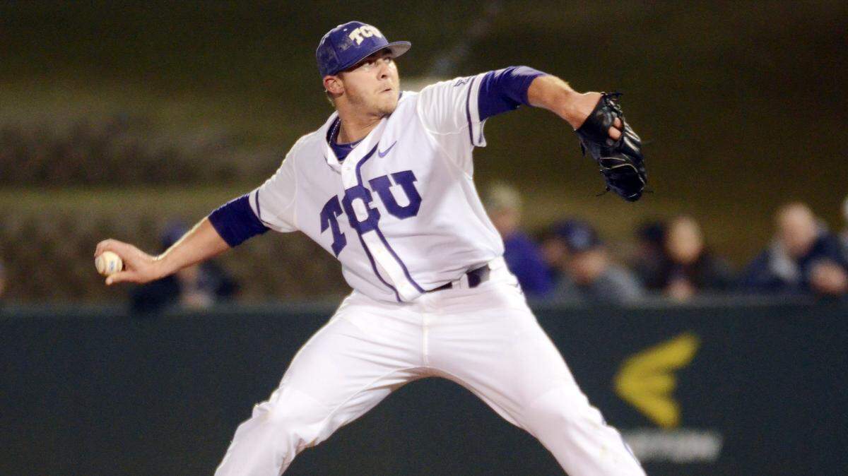 TCU relief pitcher Riley Ferrell throws for a strike against Rice in the ninth inning during Tuesday’s March 3, 2015 baseball game at Lupton Stadium in Fort Worth. Ferrell broke the TCU record for saves with his 27th career win this night in TCU’s 3-1 win over Rice. Special/Bob Haynes