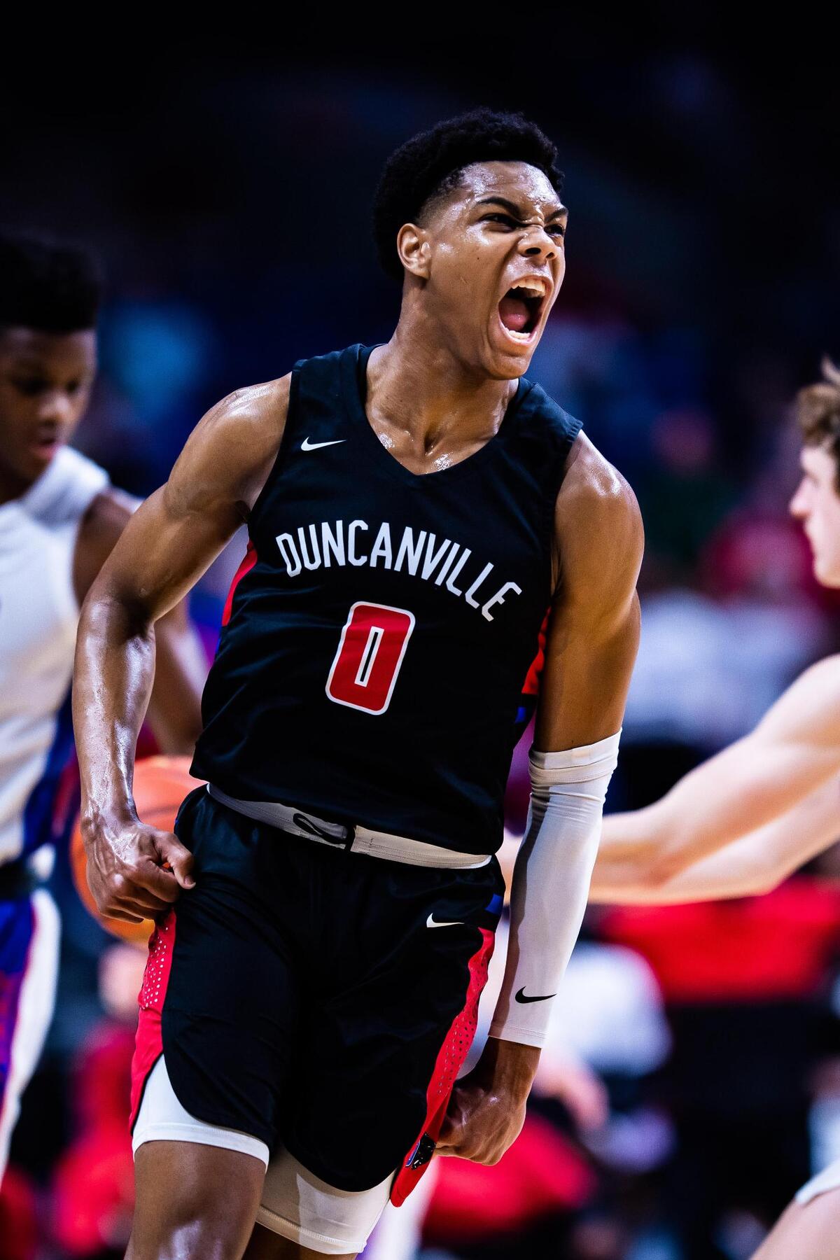 Zhuric Phelps (0) celebrates after his dunk during the 6A state final between Duncanville and Austin Westlake at the Alamodome in San Antonio Texas, on March 13, 2021. Duncanville went on to win 66-53. (Photo by Matt Smith. Special to the Star-Telegram).