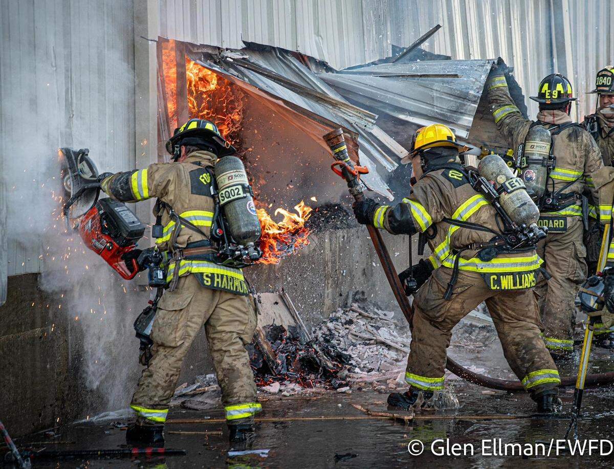 A Fort Worth firefighter was injured while battling a warehouse fire in the north part of the city early Friday, Feb. 6. He was taken to a hospital for treatment, but released a few hours later.