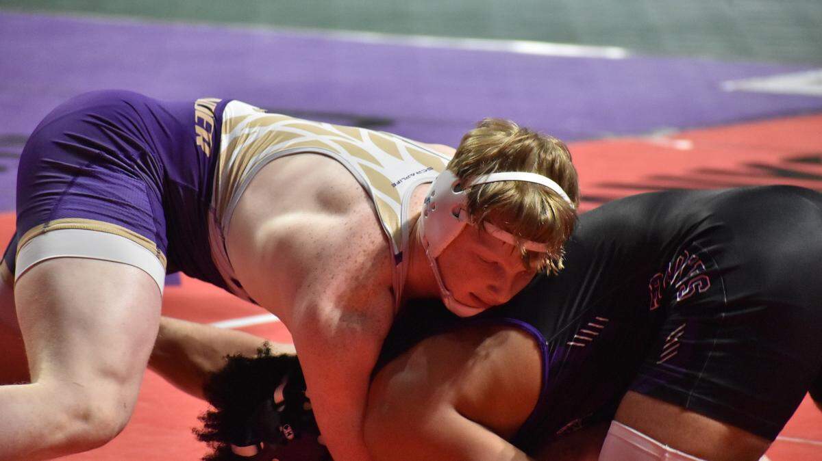 Keller Timber Creek’s Rade Ostrander competes in the UIL state wrestling championships in Cypress, Texas on Feb. 17, 2024.
