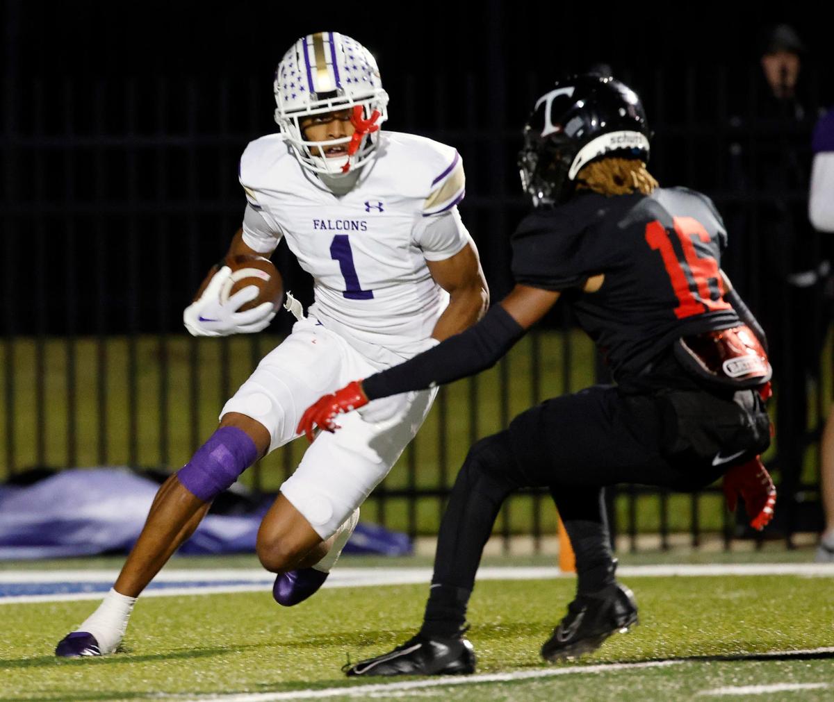 Trinity defensive back Lemariea Smith (16) zeros in on Timber Creek wide receiver Chukwudozie Ezukanma (1) in the first half of a UIL Class 6A Division 1 bi-district playoff football game at Pennington Field in Bedford, Texas, Friday, Nov. 10, 2023. Trinity led 28-21 at the half. (Special to the Star-Telegram Bob Booth)