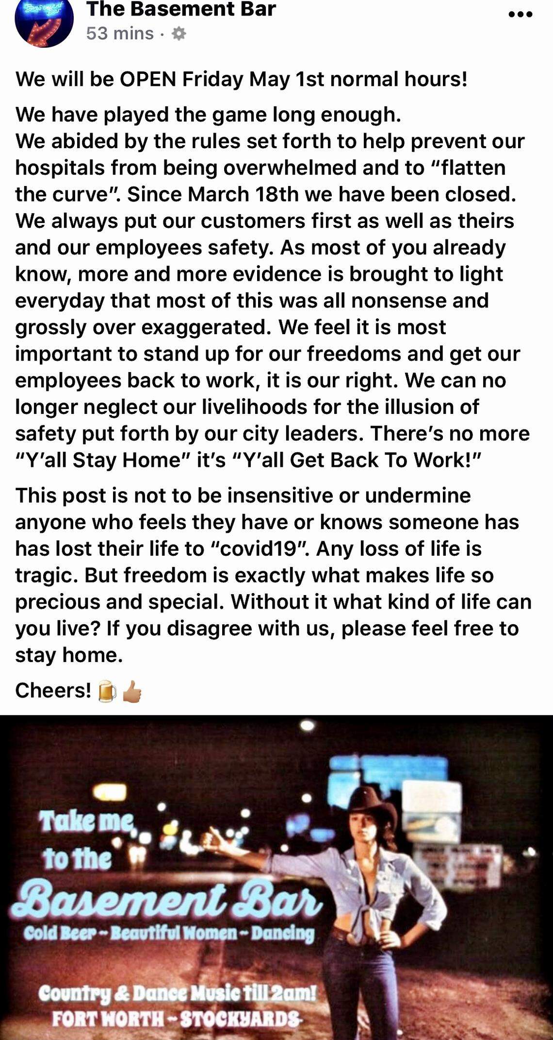 The Basement Bar in the Fort Worth Stockyards posted on Facebook it plans to re-open on May 1.