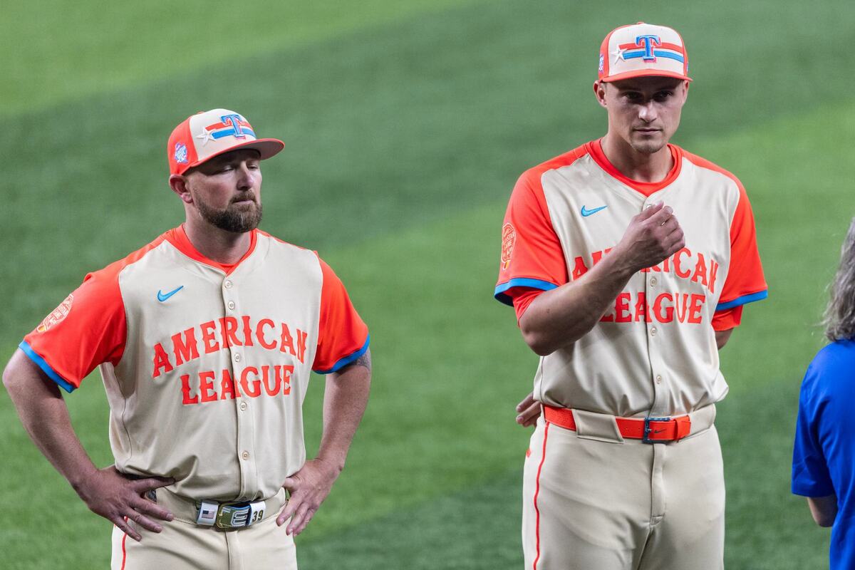 Texas Rangers teammates Kirby Yates and Corey Seager are announced for the all star game line up prior to the MLB All Star Game at Globe Life Field in Arlington on Tuesday July 16, 2024.