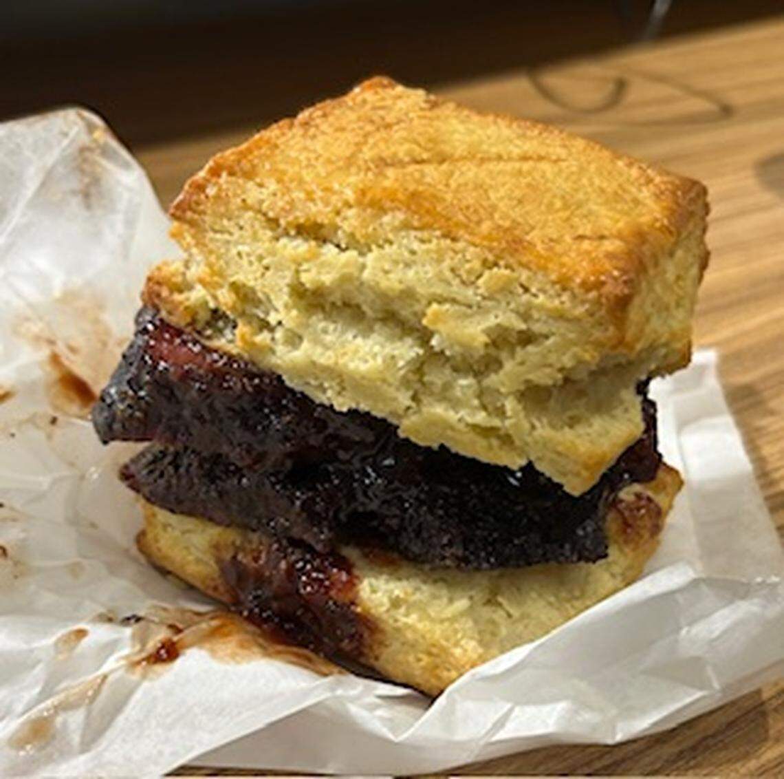 The brisket and jelly biscuit at Briscuits in southwest Austin.