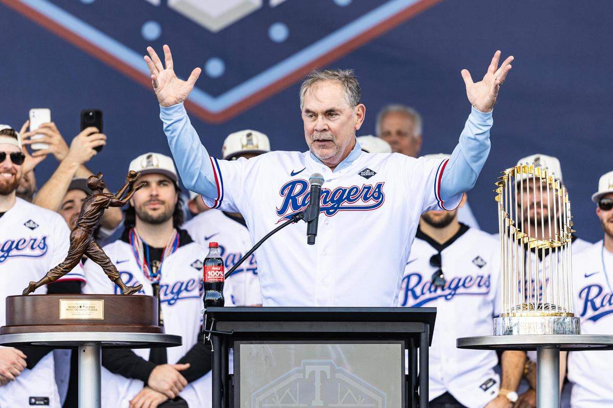 Texas Rangers Manager Bruce Bochy speaks to the crowd gathered to celebrate the Texas Rangers World Series championship at the Celebration Ceremony at the Texas Live! Plaza in Arlington on Friday, Nov. 3, 2023.