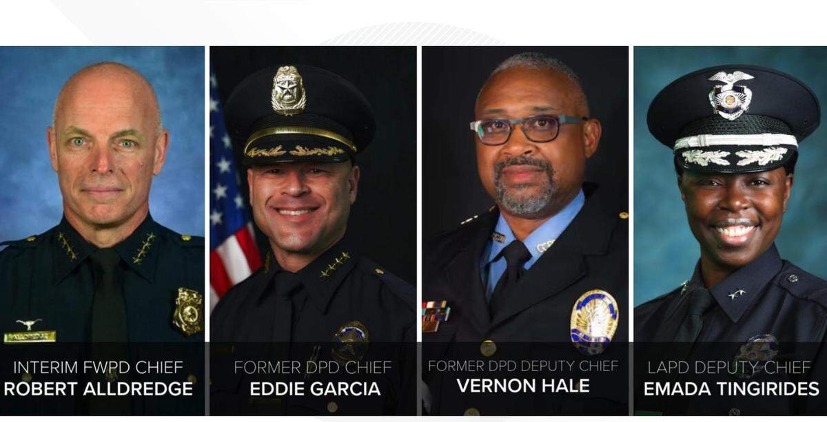 Fort Worth City Manager Jay Chapa announced four finalists for the city’s next police chief on Tuesday morning.&nbsp;They are Fort Worth Interim Chief Robert Alldredge Jr., former Dallas Police Chief Eddie Garcia, former Dallas Police Deputy Chief Vernon Hale and LAPD Deputy Chief Emada Tingirides.