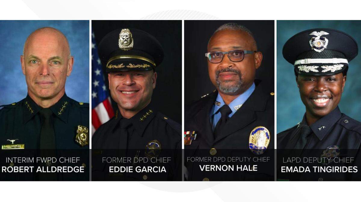 Fort Worth City Manager Jay Chapa announced four finalist candidates for the city’s next police chief on Tuesday morning. They are Fort Worth Interim Chief Robert Alldredge Jr., former Dallas Police Chief Eddie Garcia, former Dallas Police Deputy Chief Vernon Hale and LAPD Deputy Chief Emada Tingirides.
