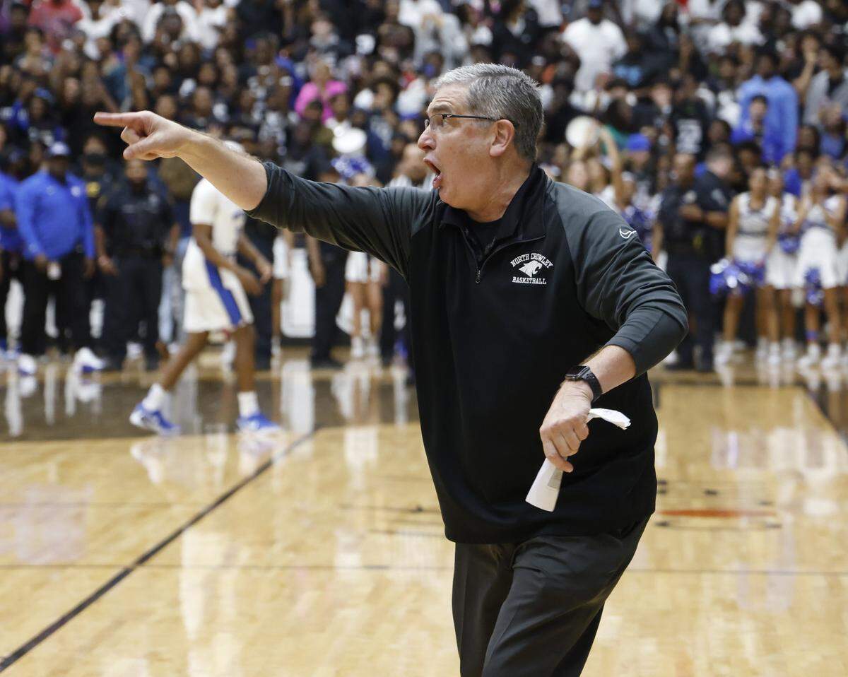 North Crowley head coach Tommy Brakel reacts in the final seconds against Duncanville during the second half of a UIL Class 6A Division I boys semifinal basketball game at Wilkerson-Greines Activity Center in Fort Worth, Texas, Tuesday, March 10, 2026.