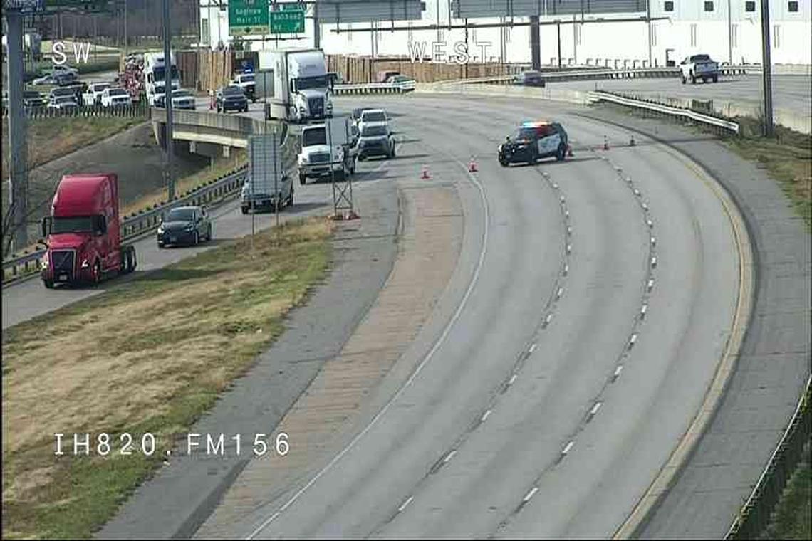 Police closed eastbound Loop 820 in Fort Worth after a three-vehicle crash involving a cement truck caused a fuel spill Tuesday afternoon.
