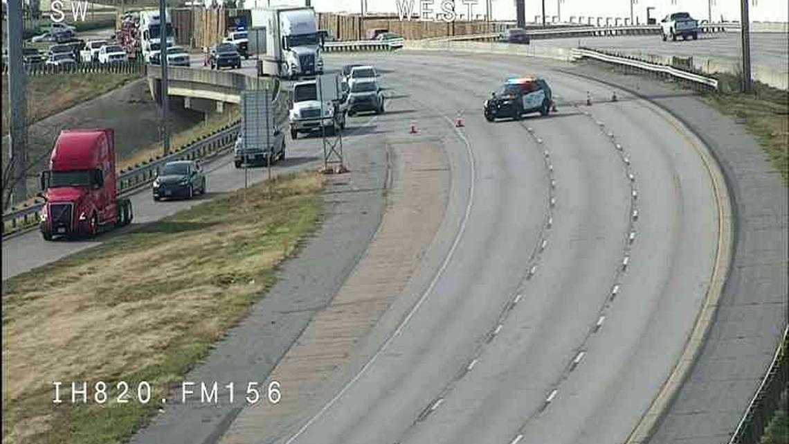 Police closed eastbound Loop 820 in Fort Worth after a three-vehicle crash involving a cement truck caused a fuel spill.