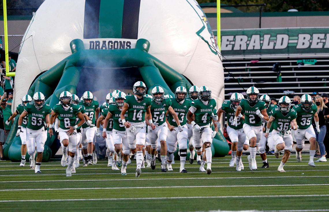 The Southlake Carroll Dragons enter the field to face Rockwall Heath, Friday night, October 2, 2020 played at Dragon Stadium in Southlake, TX. (Steve Nurenberg Special to the Star-Telgram)