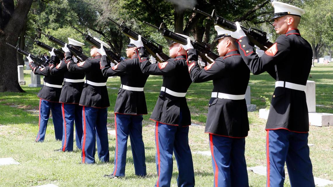 U.S. Marines fire a 21 gun salute at the end of the 94th Fort Worth Memorial Day Service at Mount Olivet Cemetery.