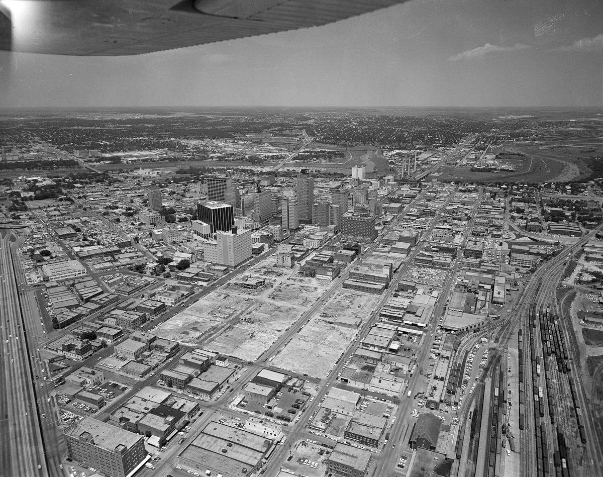 This May 1966 aerial photo shows a significant portion of the land for the Tarrant County Convention Center cleared of late 19th and early 20th century buildings.