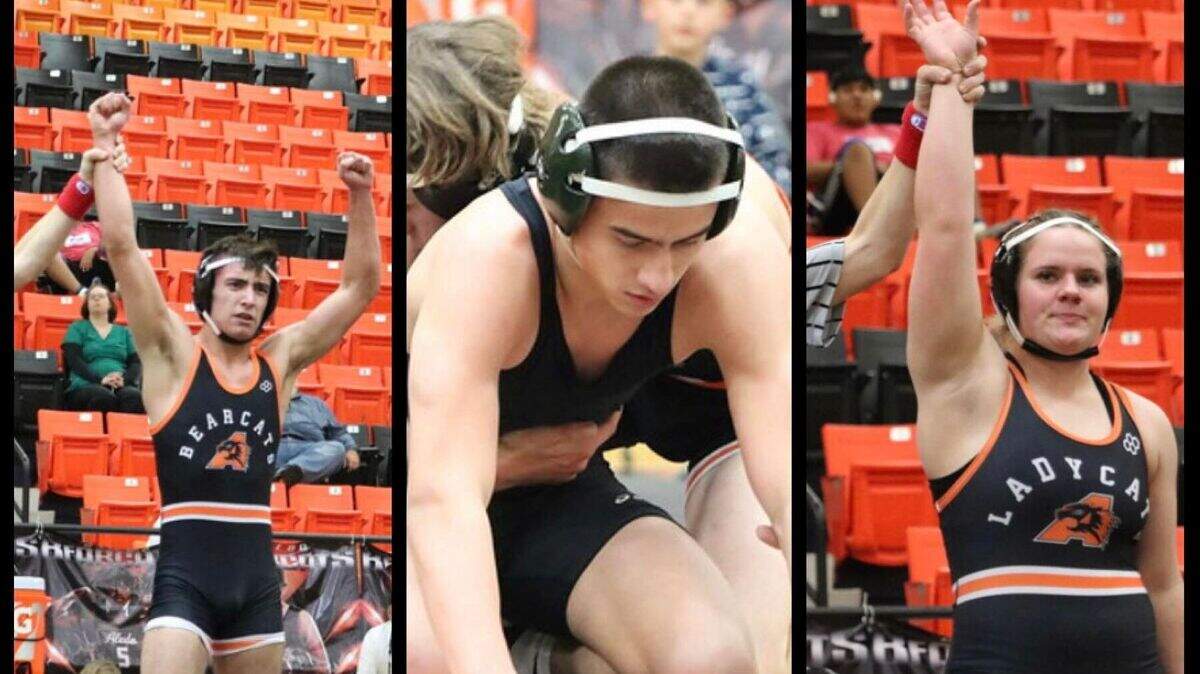 Aledo wrestlers Cole Bohnen, left, Evan Morrow, center, and Texas Ray competed in the district meet in Lubbock on Feb. 5. The Bearcats are sending six wrestlers to regionals in the program’s first year.