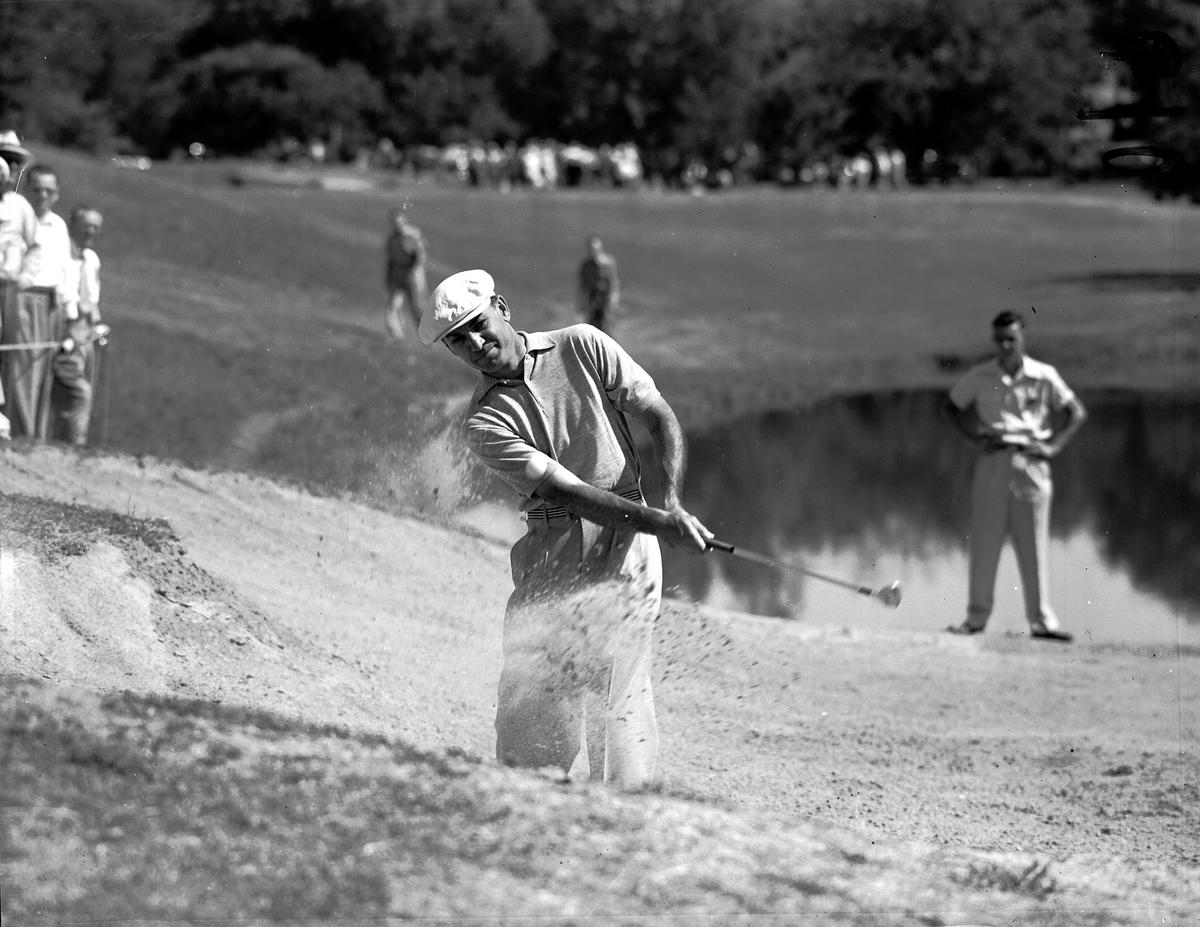 Golfing legend Ben Hogan plays the 16th hole at the Colonial National Invitation Tournament in May 1951, little more than two years after a near-fatal car accident.