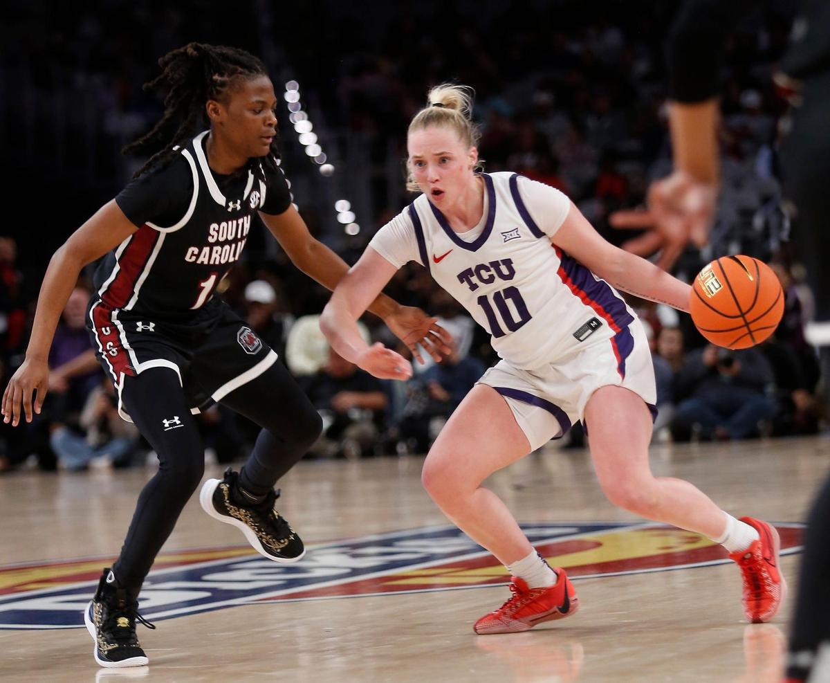 TCU’s Hailey Van Lith tries to get past South Carolina’s MiLaysia Fulwiley during their game on Sunday, December 8, 2024 at Dickies Arena.