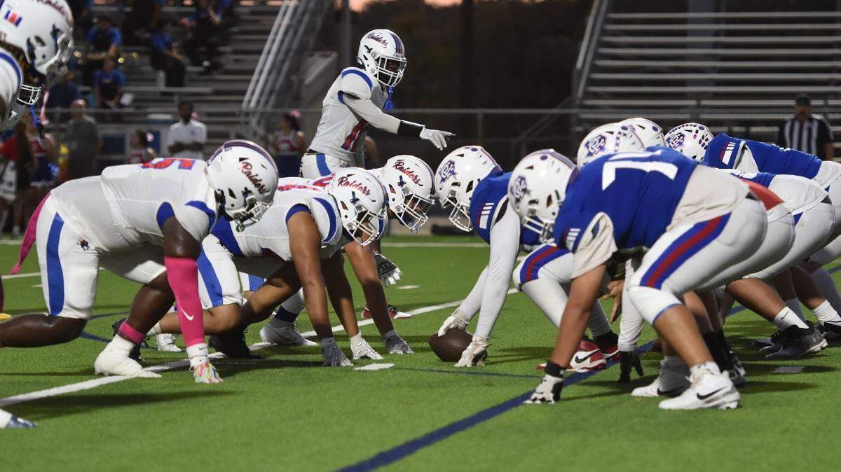 Fort Worth Amon Carter-Riverside faces off against Fort Worth Southwest during a high school football game at Scarborough-Handley Field in Fort Worth, Texas, Thursday, October 9, 2025. Carter-Riverside won 42-36.