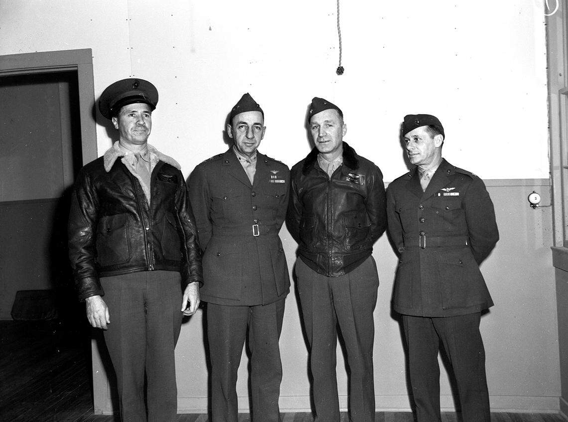 Feb. 3, 1943: At Marine Corps Air Station at Eagle Mountain Lake are, from left, Lt. Col. Harold R. Lee, commander at Eagle Mountain; Gen. R.J. Mitchell; Col. V.M. Guymon; and Lt. Col. C.J. Chappell.