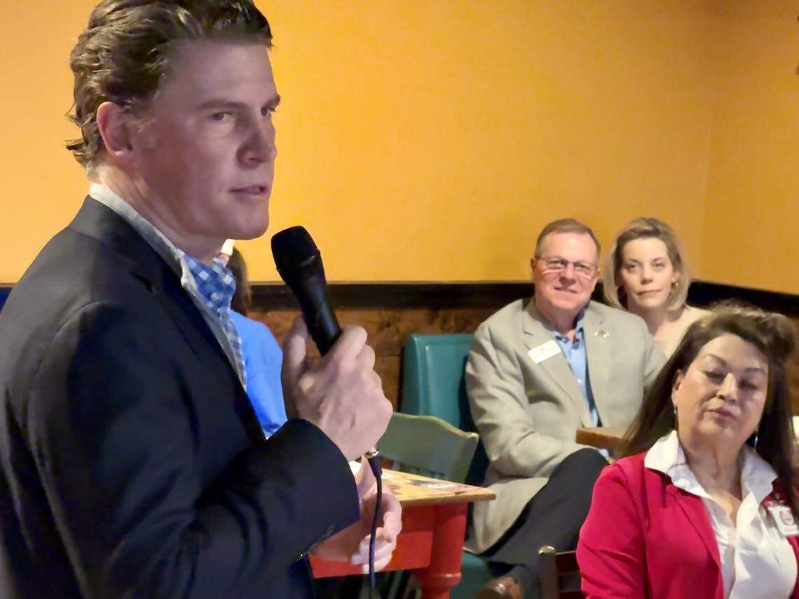 Tarrant County Republican Party chairman Bo French spoke to a Republican women’s club meeting Feb. 10, 2024, at the Enchiladas Ole restaurant in Fort Worth, Texas.