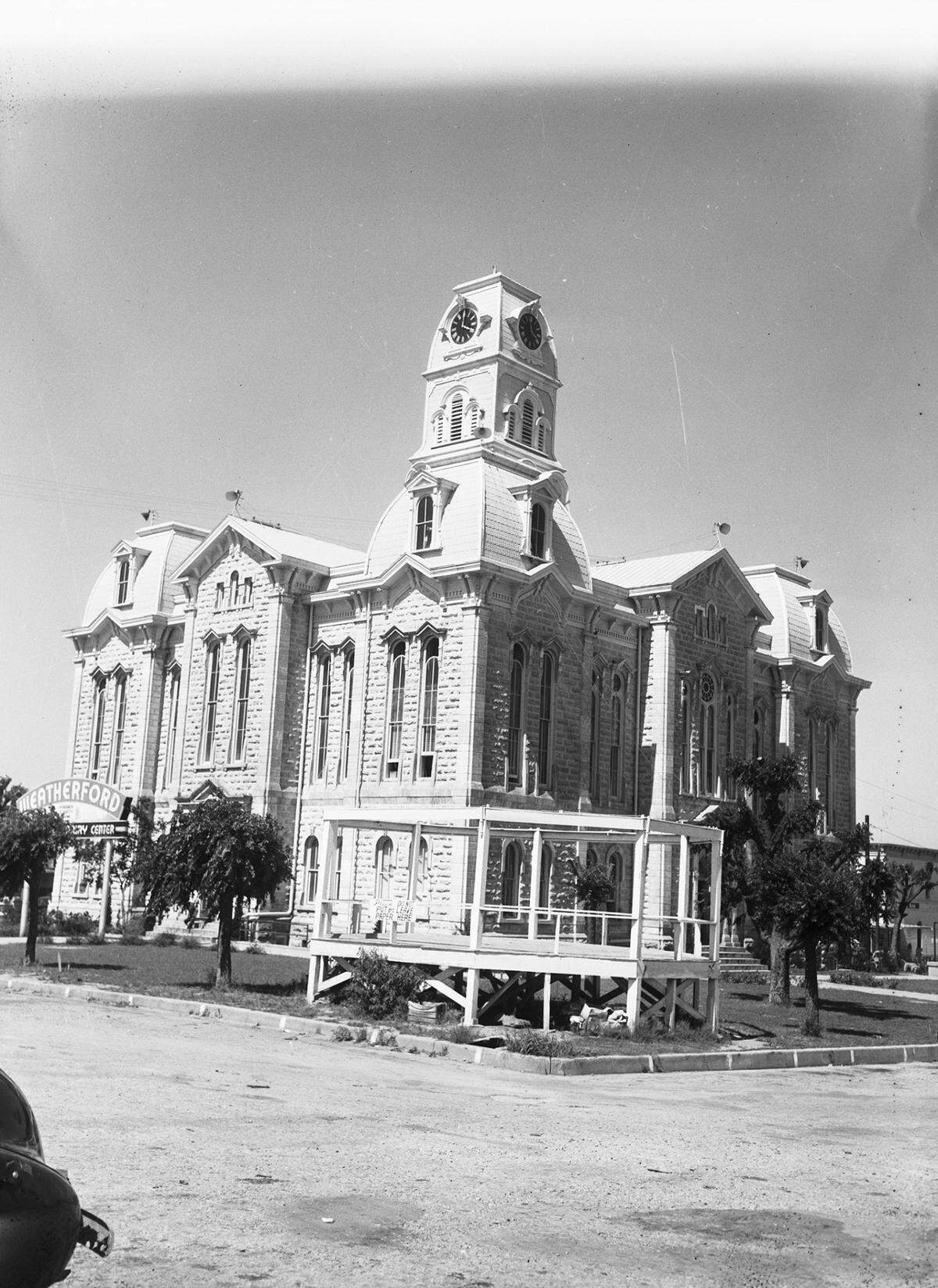 June 19, 1945: A rousing “welcome” celebration will greet Lt. Gen. William Hood Simpson at Weatherford, Texas, when he returns to his birthplace next Wednesday from triumphs as 9th Army leader in Europe. Photograph of Weatherford’s “American Gothic-towered” courthouse and bandstand about which the celebration will center.