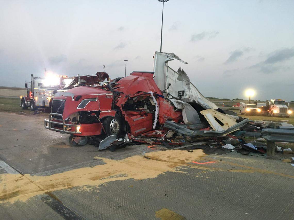 The driver of this 18-wheeler that crashed on a freeway in Grapevine Tuesday morning was entrapped and died, police say.